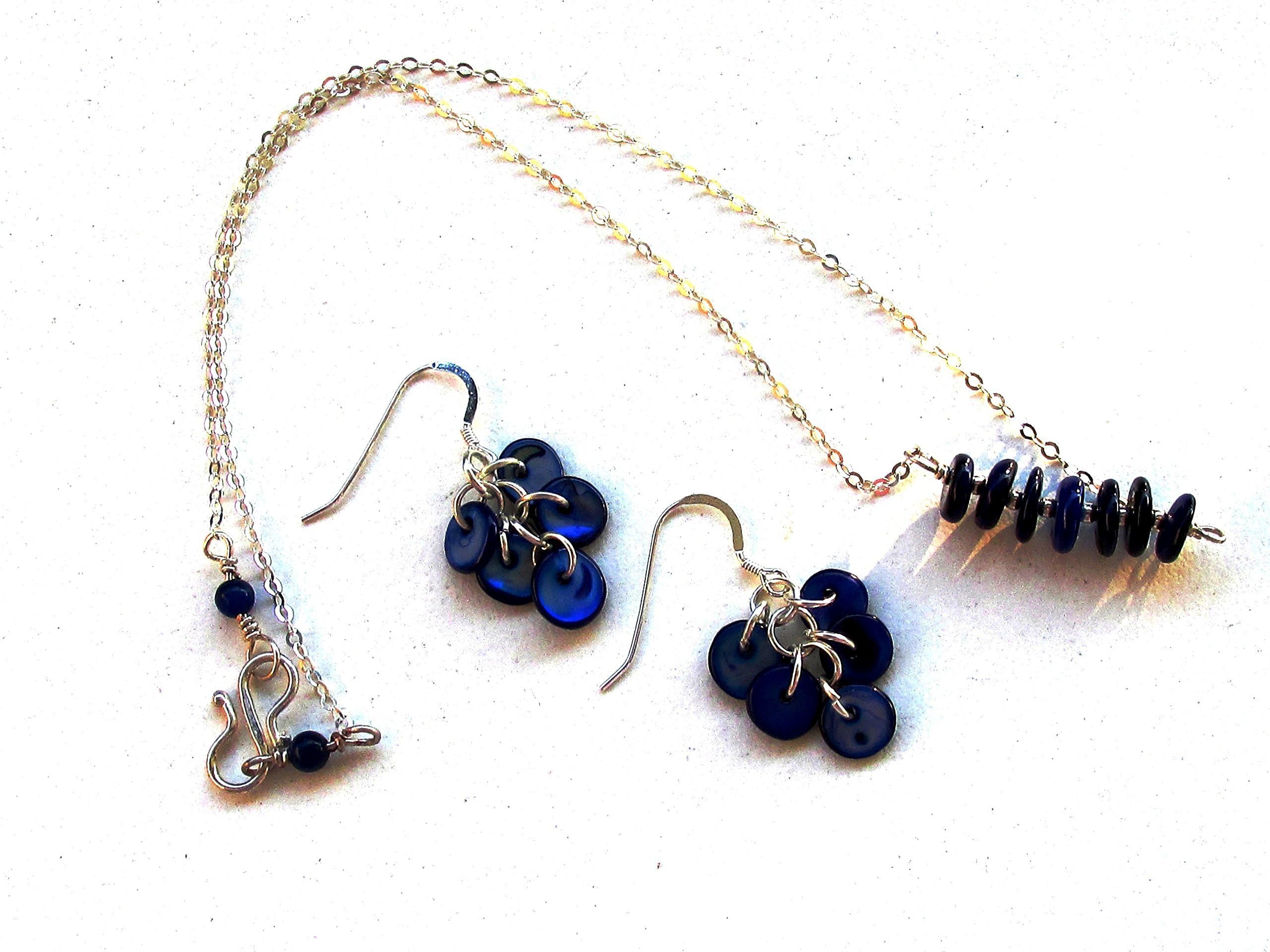 Navy blue bar choker and earrings minimalist jewelry set, Mother of Pearl dyed MOP, Sterling silver