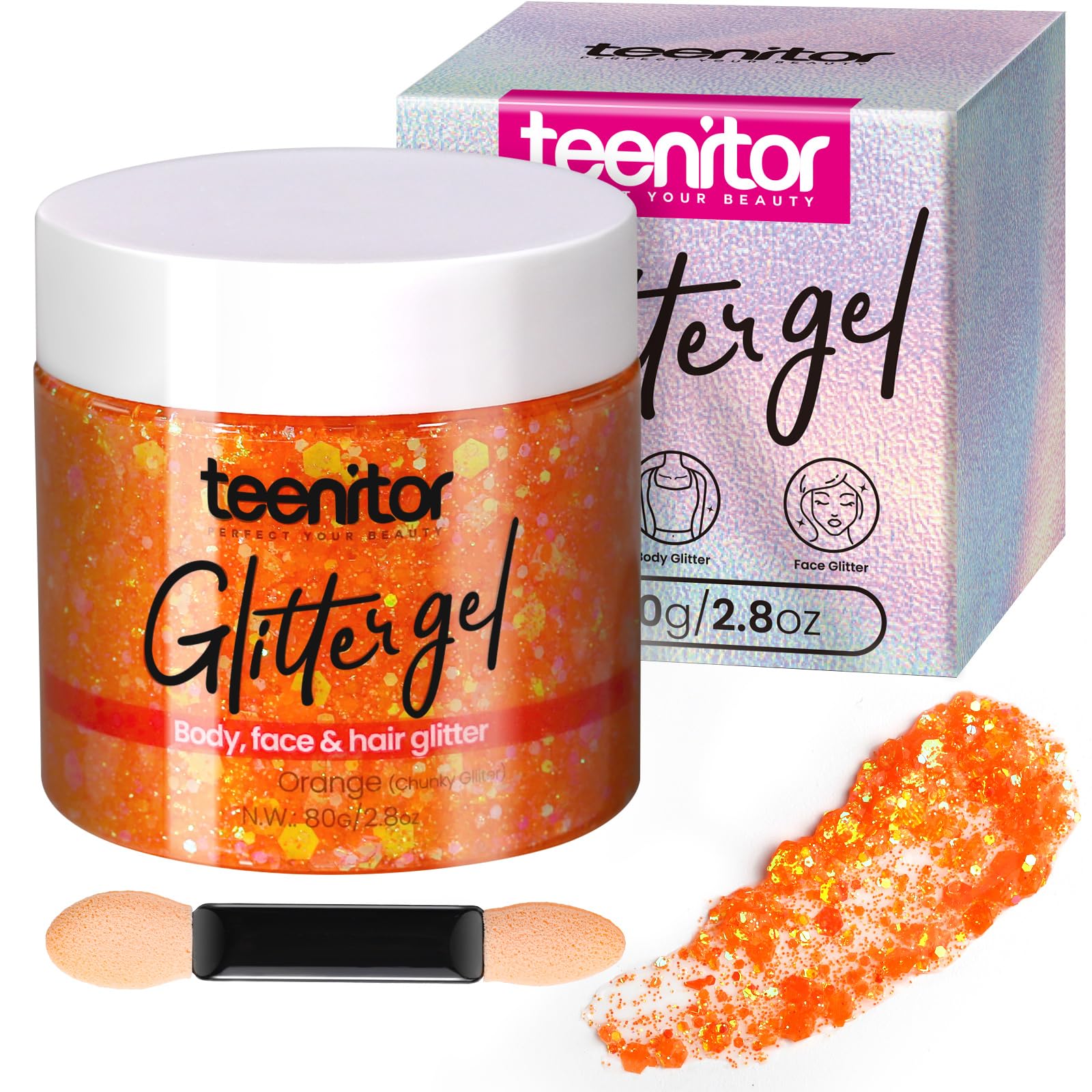 Photo 1 of Teenitor Body Glitter Gel, Face Glitter, Orange Glitter for Body Makeup, 80g/2.8oz Face and Body, Hair Glitter Gel, Rave Glitter