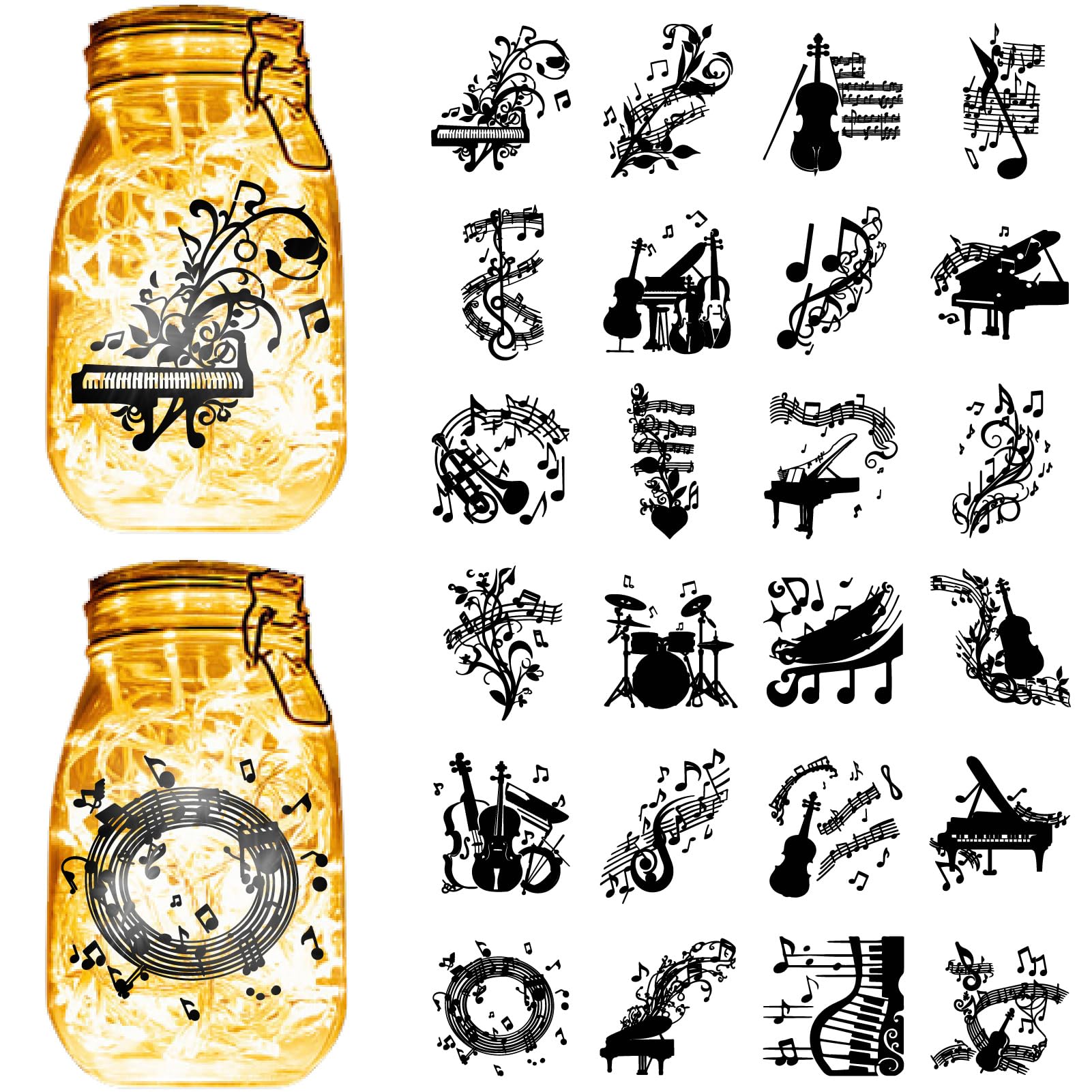CREATCABIN 24Pcs Musical Note Mason Jar Decor Silhouettes Instruments Guitar Drum Cardboard Scrapbook Cutouts Die Cuts PVC Stickers for DIY Crafts Lantern Jars Water Bottle Halloween 7.8x5.9 Inch
