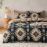 Wake In Cloud - Western Comforter Set, Boho Southwestern Rustic Farmhouse Style with Aztec Geometric Block Pattern, Soft Lightweight Bedding, 3 Pieces, Tan Black, Queen Size