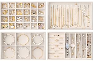 Lolalet Jewelry Drawer Organizer Inserts, 4 Set Stackable Velvet Tray Jewelry Storage Organizers Set Display Cases for Neckla