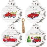 Blulu 12 Pcs Christmas Red Truck Tree Ornaments, Buffalo Plaid Wooden Deocr | 4 Designs, Farmhouse Xmas Hanging Decoration for Xmas Tree, Round Slice with Rope, Christmas Party Family Retro Decorations