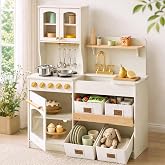 Tiny Land Wooden Play Kitchen for Kids with Toy Storage for Pretend Play | Built-In Cabinets, Felt Bins &amp; Cookware Accessories Make Cleanup Easy While Encouraging Organizational Skills