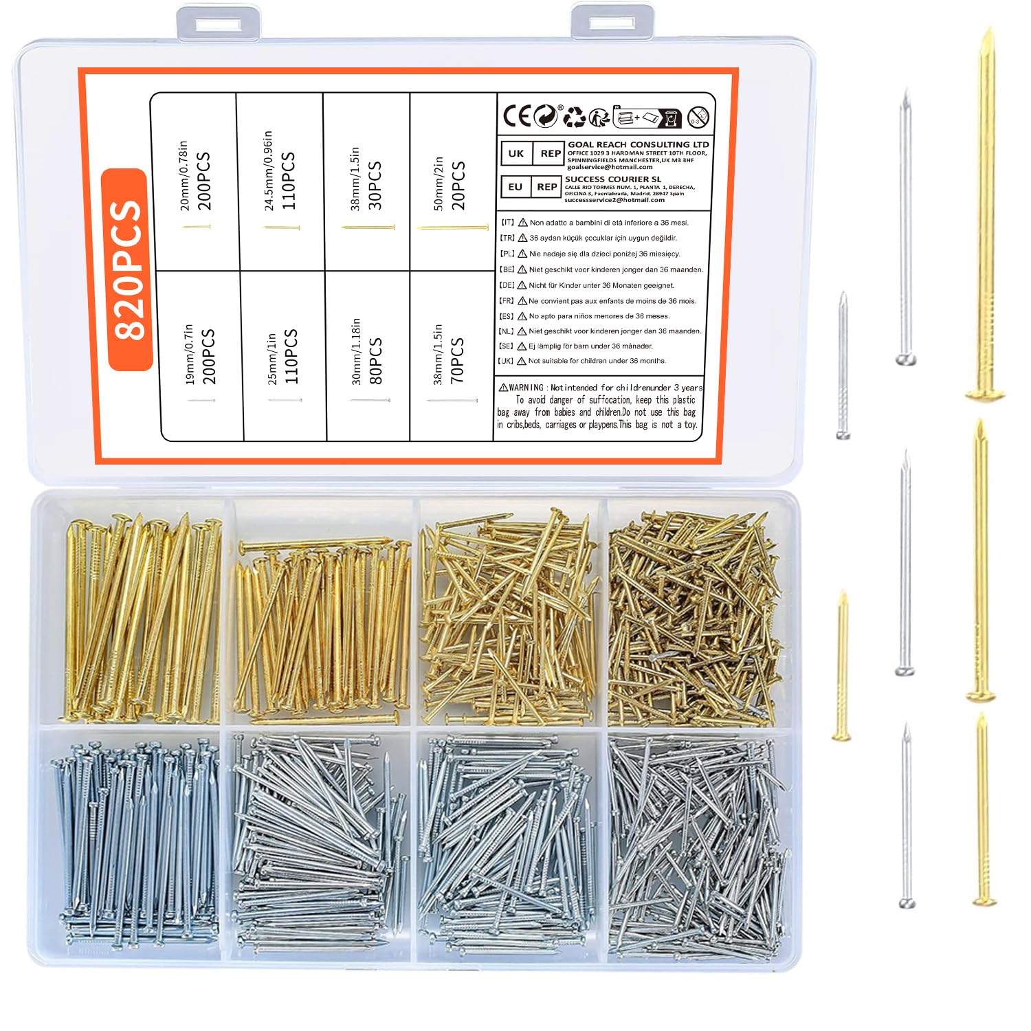 820 Pcs Assorted Nails Set, Flat Head Nails, Concrete Wall Hanging Nails for Hanging Pictures Woodworking Drywall DIY and Crafts Home Construction Nails - Various Sizes