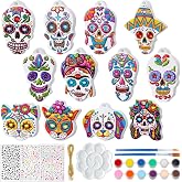 12 Set Day of The Dead Ceramics to Paint, DIY Sugar Skull Hanging Crafts | Halloween Sugar Skull Ornament with Paint, Diamond Stickers, Rope, Unpainted Skeletons for Dia De Los Muertos Party Decor