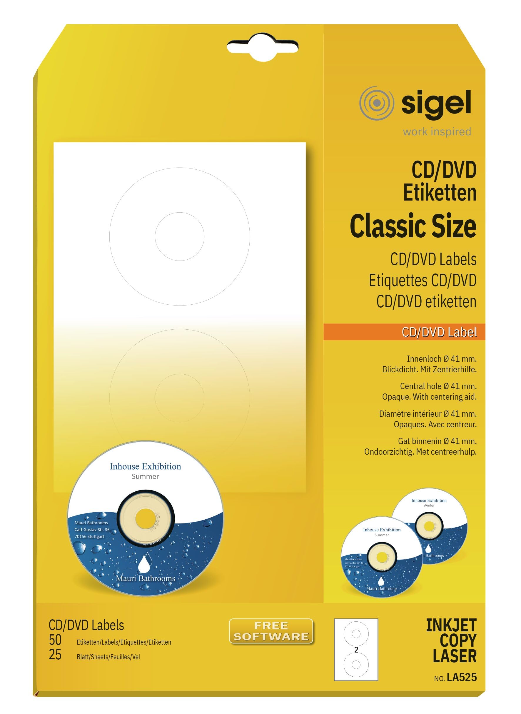 SIGEL LA525 Universal CD/DVD Labels with centering aid, Ø 11.7 cm (center Ø 4.1 cm) , 50 lbl equal to 25 sheets, White