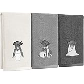 Hillsuren 3 Pcs Highland Cow Hand Towels Bathroom Decor Highland Cow White and Gray Decorative Embroidered 100% Cotton Farmhouse Towels for Bathroom Kitchen Decor, 13. 3 x 29. 5''