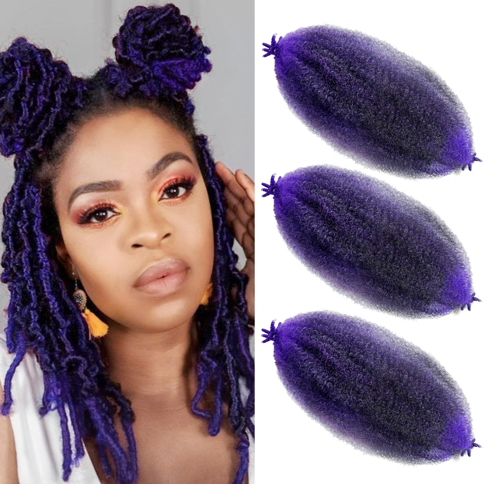 Springy Afro Hair Pre-Fluffed Marley Twist Braiding for 1B-Purple Spring Style - 16 Inch (Pack of 3)