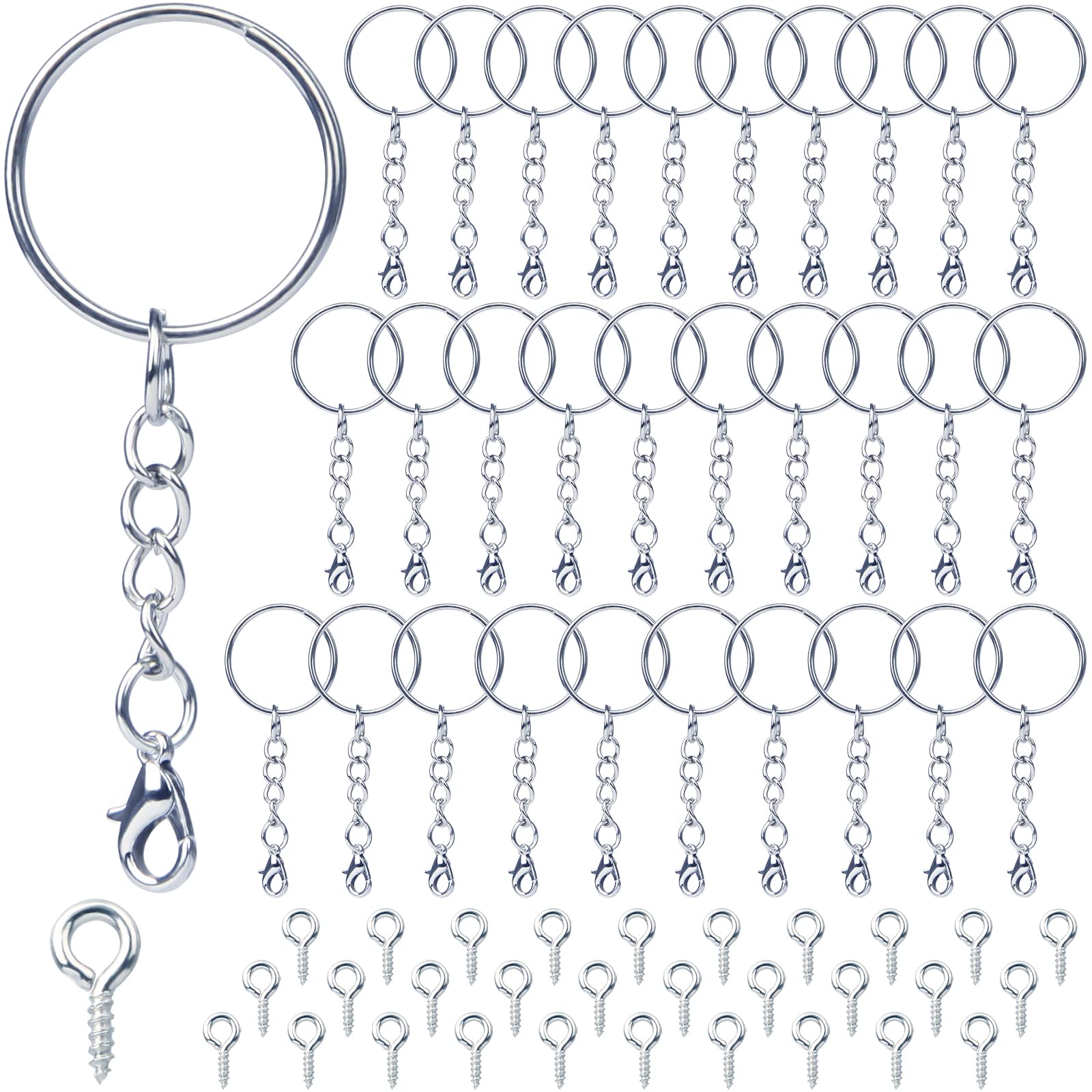60Pcs Keyring Chain Keychain Accessories Key Ring Hoop 30pcs 1 Inch Keyring Clip with 30pcs Lobster Clasps 30 Eyelet Screws Metal Keyring Making Kit Sliver for DIY Crafts Jewellery Making(30 Sets)