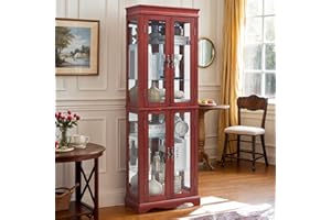 CKEASEAN Curio Cabinet 71" Lighted Glass Display Cabinet, Wooden China Cabinet with 6 Adjustable Shelves, Tempered Glass Doors, Light Bulb Included, Rack for Living Room (Cherry)