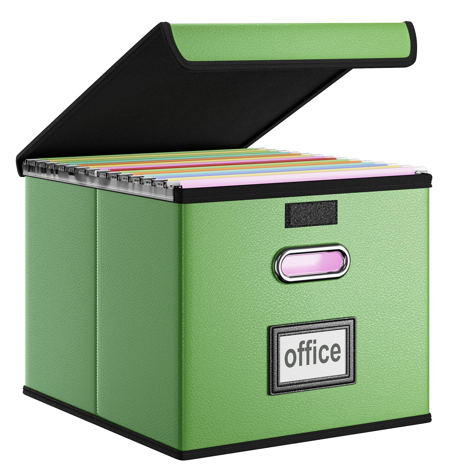 Photo 1 of Huolewa File Organizer Box with Lid, Collapsible Faux Leather Document Organizer, Hanging File Folder Box with Plastic Slide, Decorative Filing Boxes Cabinet for File and Folders Storage(Green)