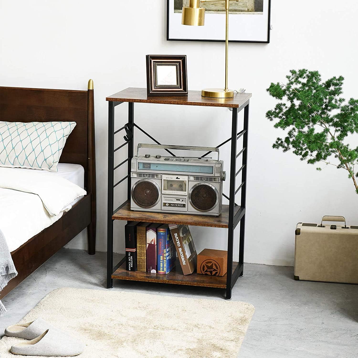 YMYNY Industrial Microwave Oven Stand, 3-Tier Kitchen Baker's Rack with Metal Frame and 6 Hooks, Multifunctional Coffee Bar for Living Room Decoration, Rustic Brown UTMJ022H - Standing Baker's Racks