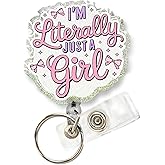 GAHAPI I'm Literally Just a Girl Badge Reel – Cute Pink Nurse ID Holder with Glitter Bow – Retractable 24" Swivel Clip – Funny Gift for Nurses, Women, Students, Office Staff