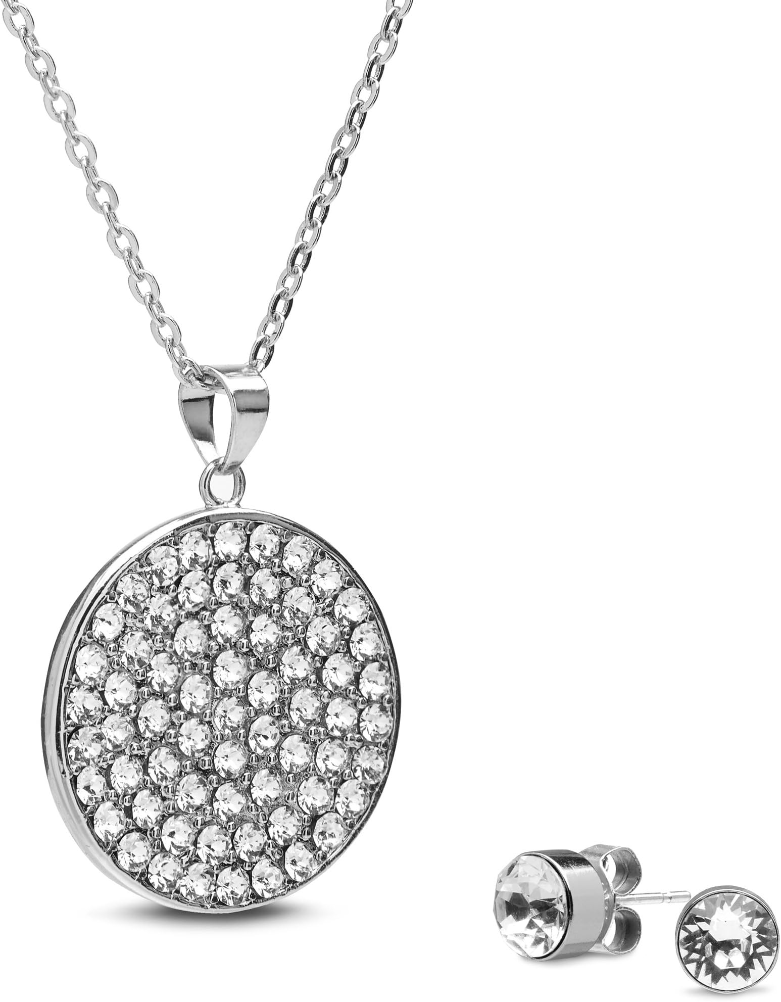The Gemseller 45cm Necklace with 18k Gold Plated Pave Disc Swarovski Crystal Pendant and Stud Earrings 2MM Set (See More Colors)