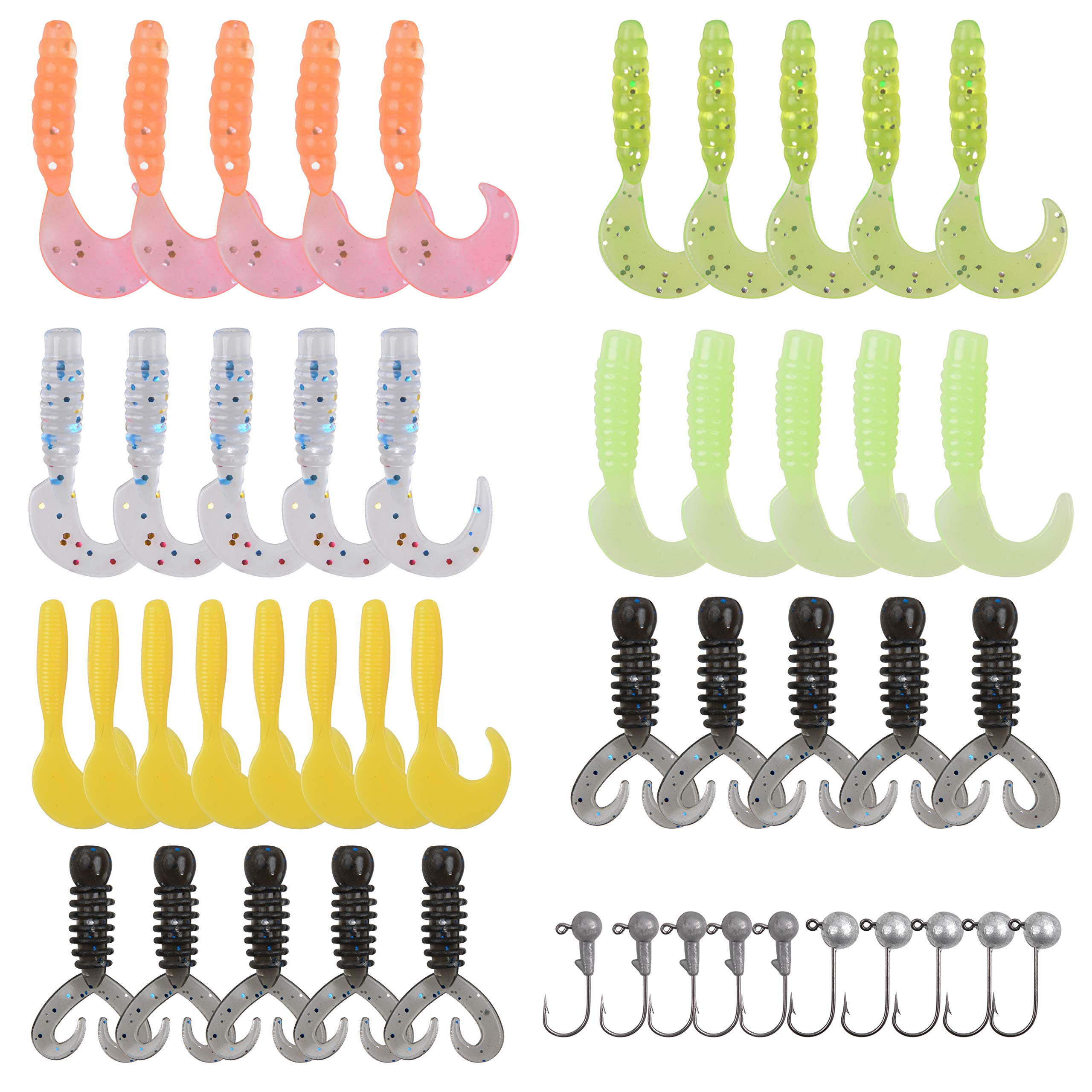 SILANON Grub Lures Fishing Jigs Head Hooks Kit- Soft Plastic Grub Tail Worm Lure Bait Crappie Jigs Buster Tubes Baits for Bass Trout Saltwater Freshwater Fishing 17-110pcs