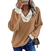 EVALESS Womens Spring Fashion 2026 Womens Long Sleeve Shirts Patchwork Button Up V Neck Sweatshirt Casual Pullover Tops