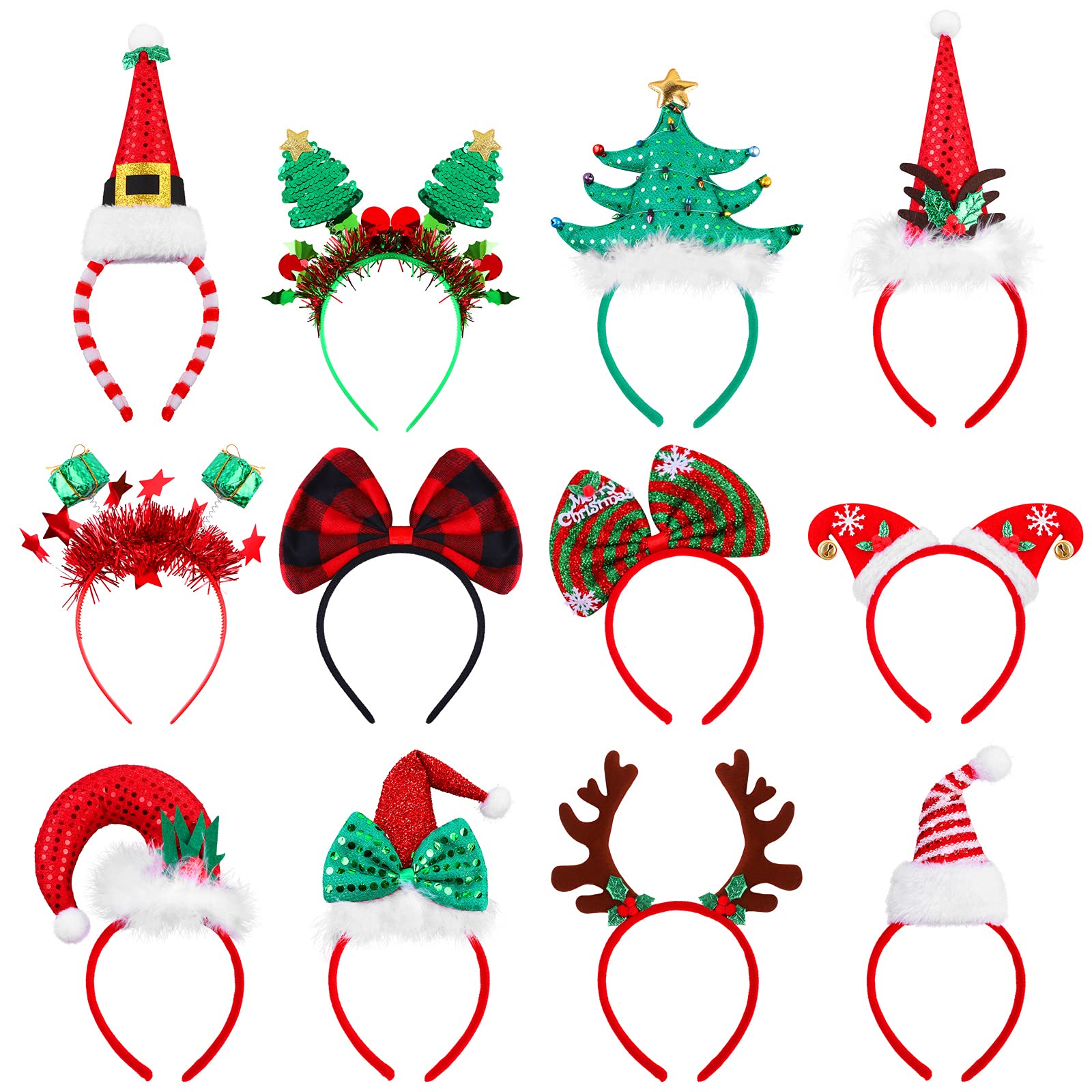 ANECO 12 Pieces Christmas Headbands Assorted Christmas Head Boppers Xmas Tree Santa Antler Reindeer Elves Hat Headband for Christmas Party
