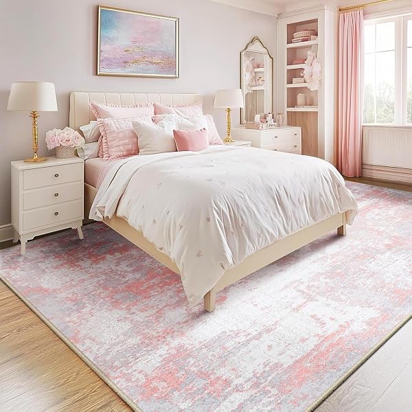 RELEANY WASHABLE AREA RUGS 6’X9′ NON-SLIP MODERN ABSTRACT SOFT FOR LIVING ROOM ENTRYWAY BEDROOM NURSERY, PRINT PATTERN, GREY PINK