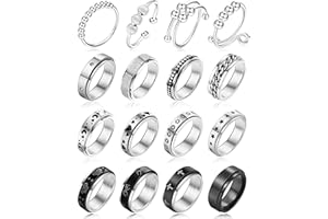 17KM Fidget Anxiety Ring for Women, 16Pcs Stainless Steel Spinner Rings Set, Moon Star Beaded Spinning Rings for Adults Men, Size 5.5-9.5