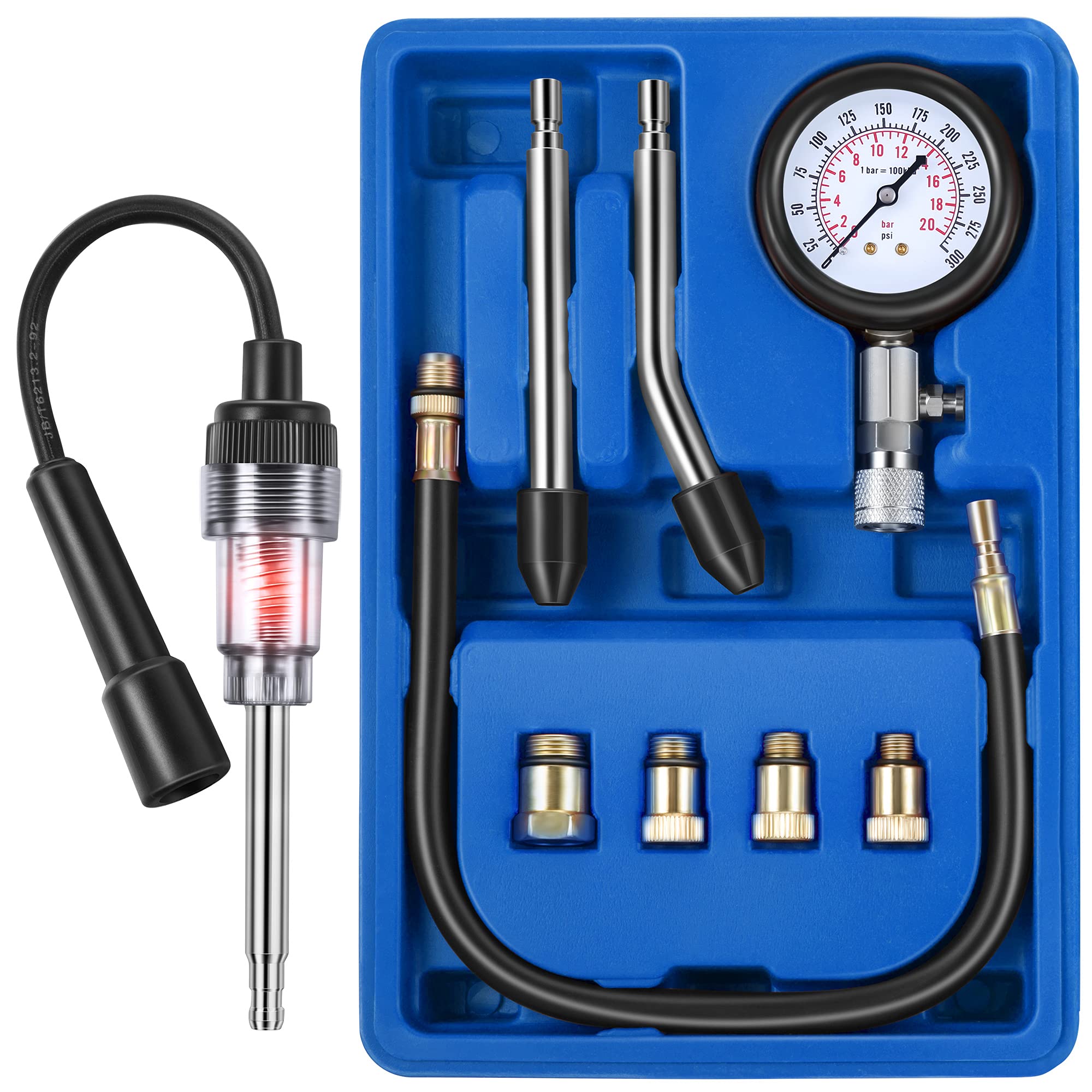 Photo 1 of Fiada 9 Pieces Automotive Compression Tester Kit and Spark Plug Tester, Universal Car and Motorcycle Engine Testing Tools for Cylinder Pressure Gauge (Blue)