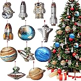 Threehoney 36 PCS Space Themed Christmas Ornament Set - Wooden Hanging Planet Astronaut Pendants for Solar System Galaxy Winter Party Holiday Decor