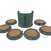 Nautical Tropical Set of 6 Porthole Drink Coasters with Heavy Duty Anchor Designed Holder