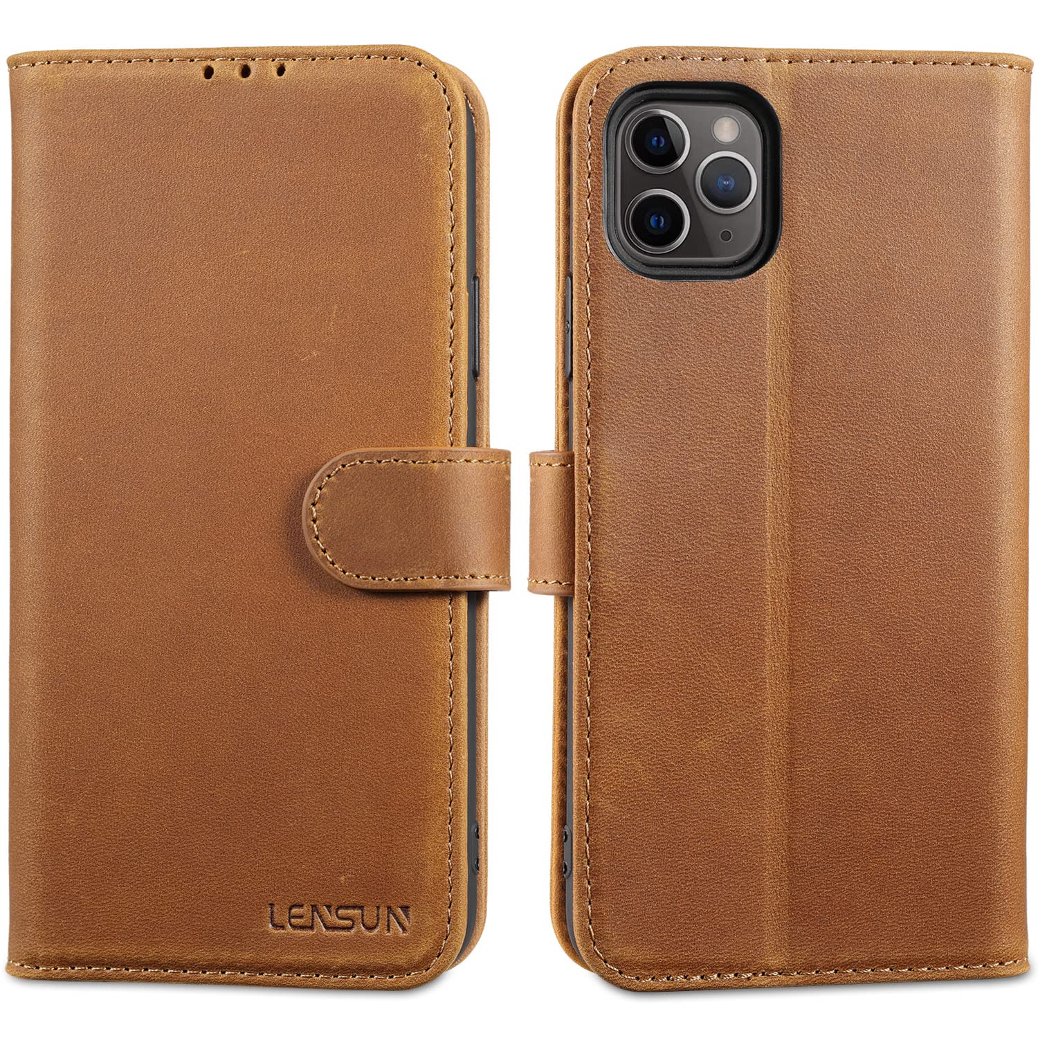 LENSUN Flip Case for iPhone 11 Pro Max, Genuine Leather Wallet Phone Cover [RFID Blocking] with Card Holder and Magnetic Closure for Apple iPhone 11 Pro Max - Vintage Brown