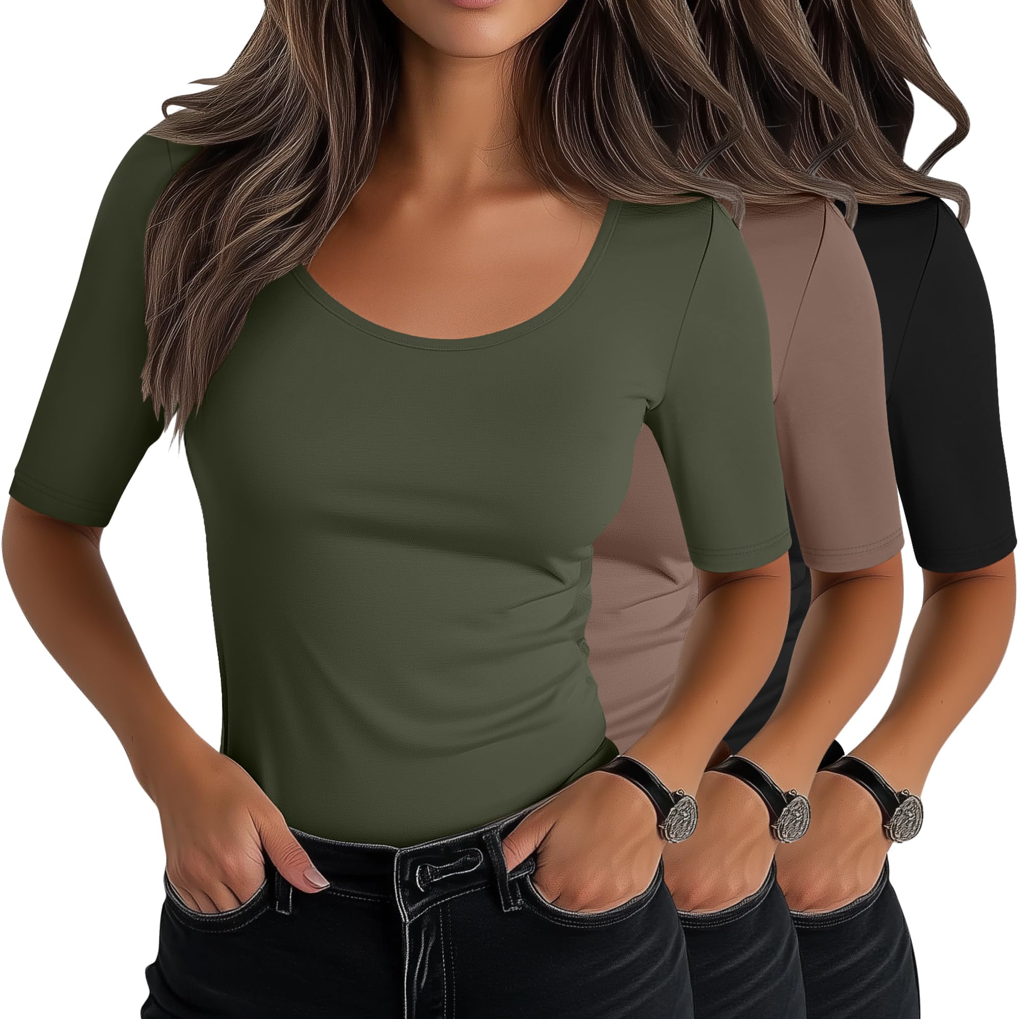 Photo 1 of ** ONLY 2** Neer 3 Pack Women's Scoop Neck Stretchy Tops Cotton Half Sleeve Slim Fitted T-Shirts Tight Casual Basic Summer Tees(Black, Army Green, Coffee,Large)