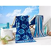 Great Bay Home 100% Cotton Beach Towels | 2 Pack of 30 x 60" Navy Pool Towels for Adults and Kids | Absorbent & Quick Dry Towels (Navy/Royal Blue Fish & Stripe)