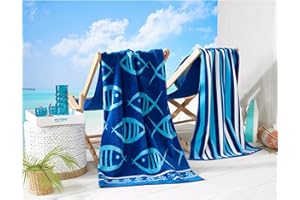 Great Bay Home 100% Cotton Beach Towels | 2 Pack of 30 x 60" Navy Pool Towels for Adults and Kids | Absorbent & Quick Dry Towels (Navy/Royal Blue Fish & Stripe)