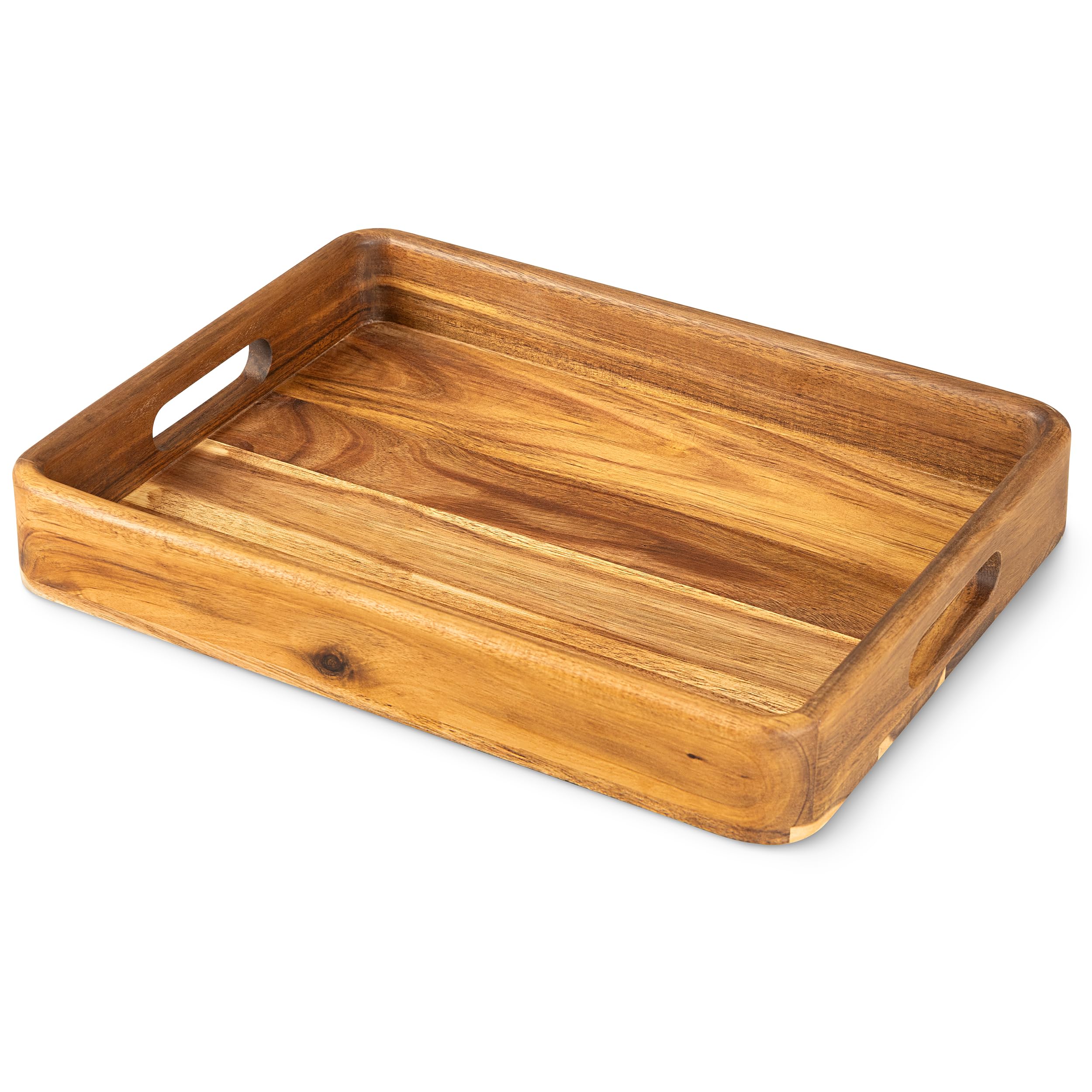 Photo 1 of Acacia Wooden Serving Trays with Handles for Eating, Appetizers, Food, Snacks, or Home Decor, Large Wood Bed Tray or TV Tray, Decorative Ottoman or Coffee Table Accessory, 16x12 inch, Set of 1