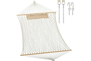 JoyView Traditional Rope Double Hammock - Hand Woven Cotton Hammock with Hardwood Spreader Bar and Pillow 450lb Capacity for Outdoor Indoor Patio Yard - Natural