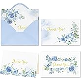 Crisky 4 Assorted Blue Gold Watercolor Floral Thank You Cards with Envelopes (25 Pack) with White Craft Envelopes & Stickers for Birthday, Baby Shower,Bridal Shower, Wedding, Graduation