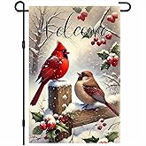 Winter Garden Flag 12x18 Double Sided Welcome Merry Christmas Cardinal Garden Flag Red Birds House Yard Flag for New Year Holly Berry Outdoor Decorations Banner