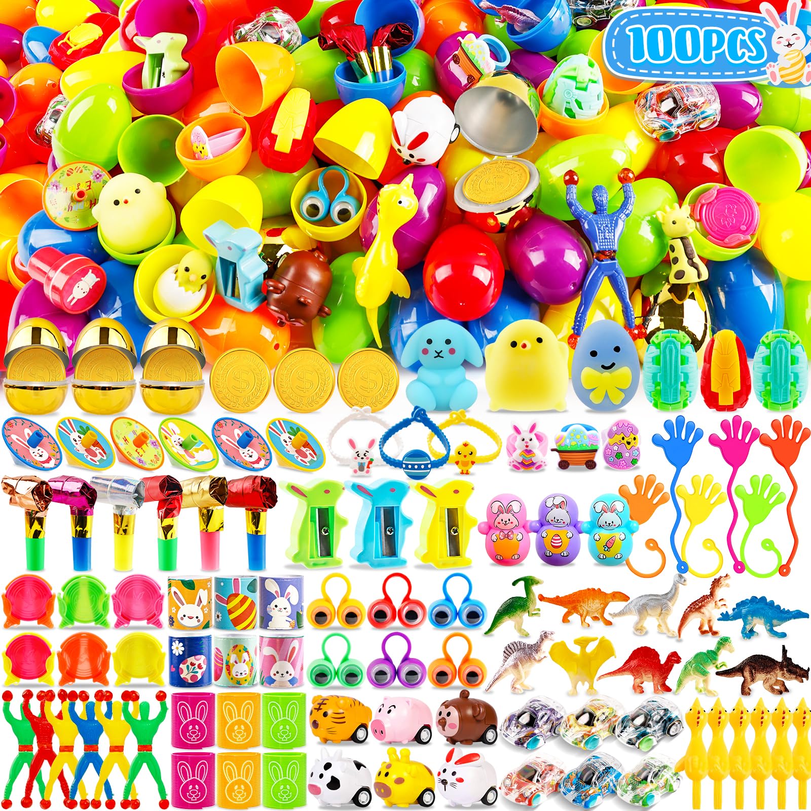 WOWSCAN [6 Surprise Golden Eggs] 100 PACK Prefilled Easter Egg Fillers with Novelty Toys Inside, Easter Basket Stuffers Classroom Prizes Supplies Egg Hunt Party Favors for Kids Toddlers Boys Girls
