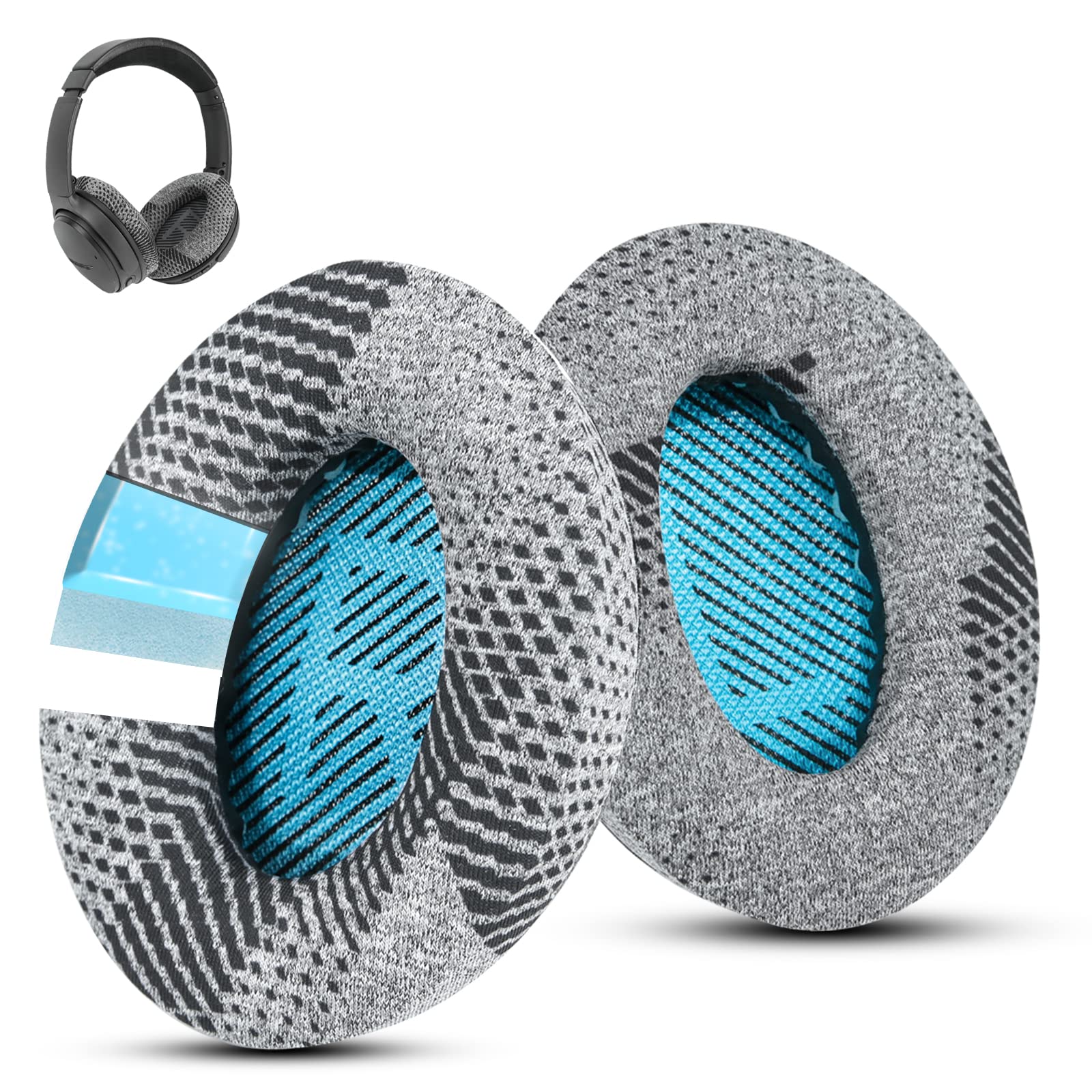 Photo 1 of Wzsipod Cooling-Gel QuietComfort 35 / QC35 ii Fabric Replacement Ear Pads for Bose Headphones, Compatible with Bose QC45 QC25 QC2 QC15/ Around-Ear 2 AE2i AE2w/ SoundTrue & SoundLink Series, Blue