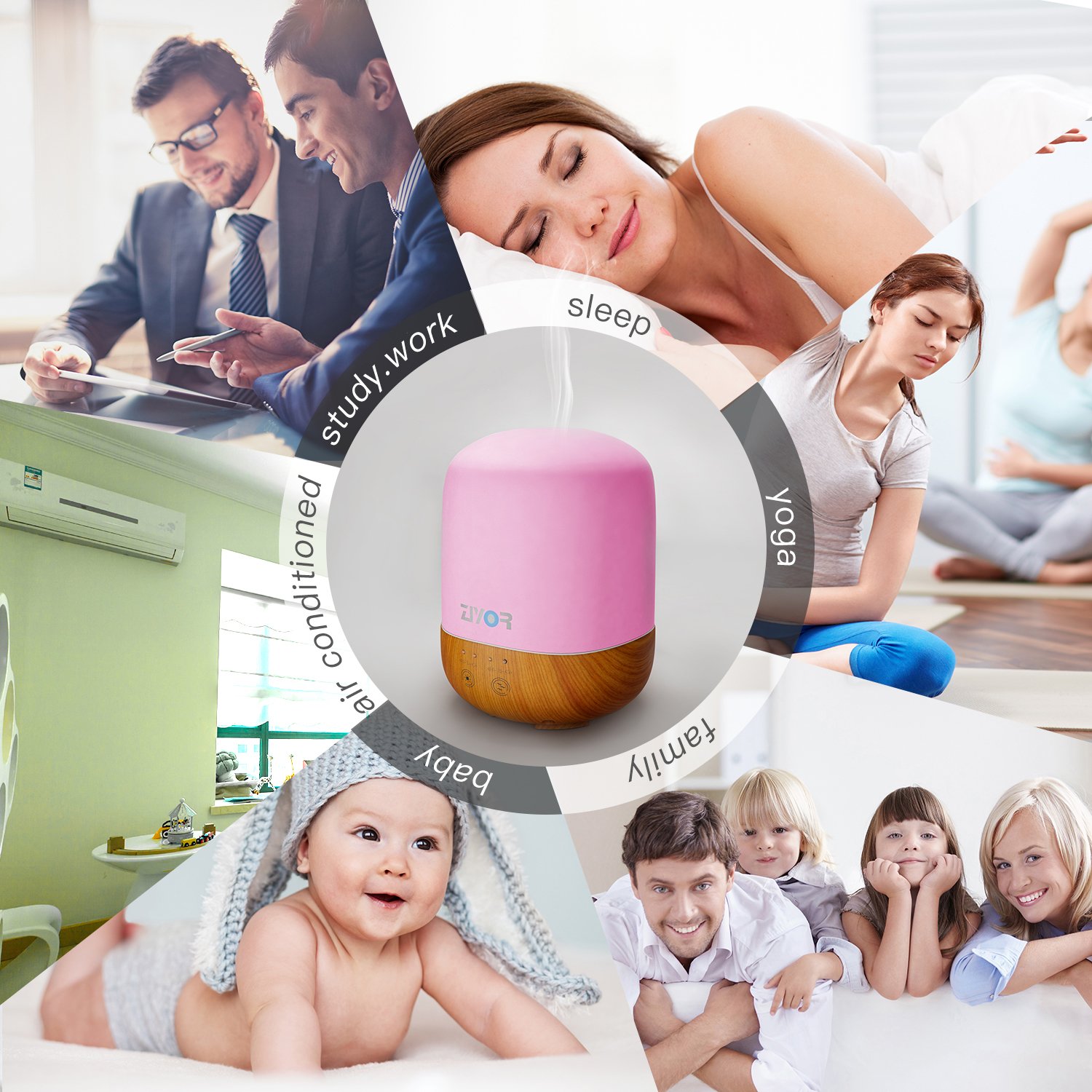 Essential Oil Diffuser Cool Mist Humidifier, Backlight Auto Off for Bedroom, Ziyor 300ml Ultrasonic Aromatherapy Oil Vaporizer, Timer and Auto-Off, 7 Colors LED