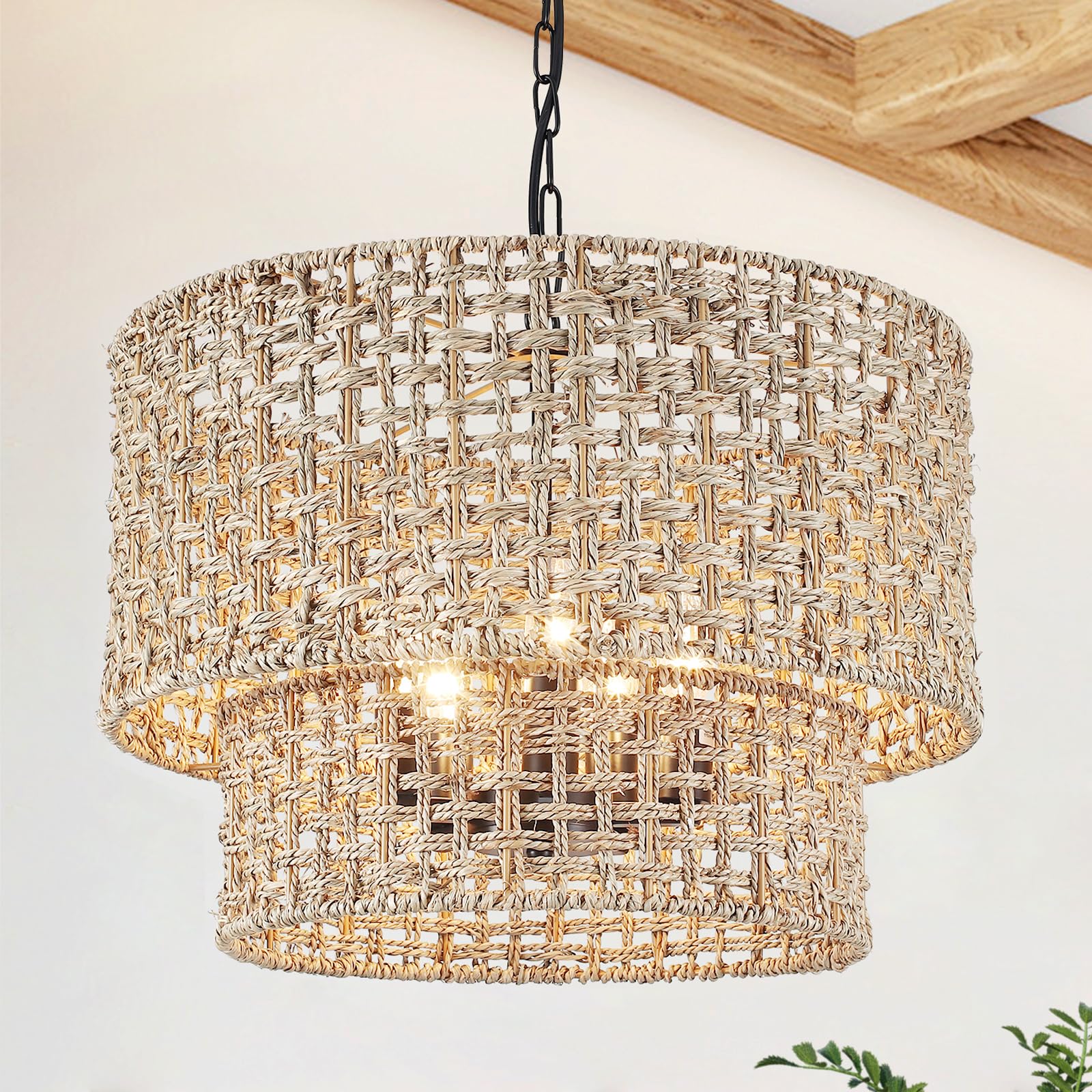 Photo 1 of 18.9" Rattan Farmhouse Chandelier 5-Light Large Boho Wicker Pendant Light Fixtures Hanging Coastal Drum Lighting Hand 2 Tier Woven Chandeliers for Living Room Dining Room Kitchen Island Foyer Entryway