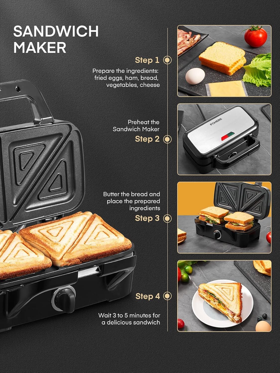 FOHERE Sandwich Maker 3 In 1 Waffle Maker With Removable Plates,1200W Grilled Cheese Maker, 5-gear Temperature Control, Non-stick Coating Easy to Clean, Indicator Lights, Silver/Black
