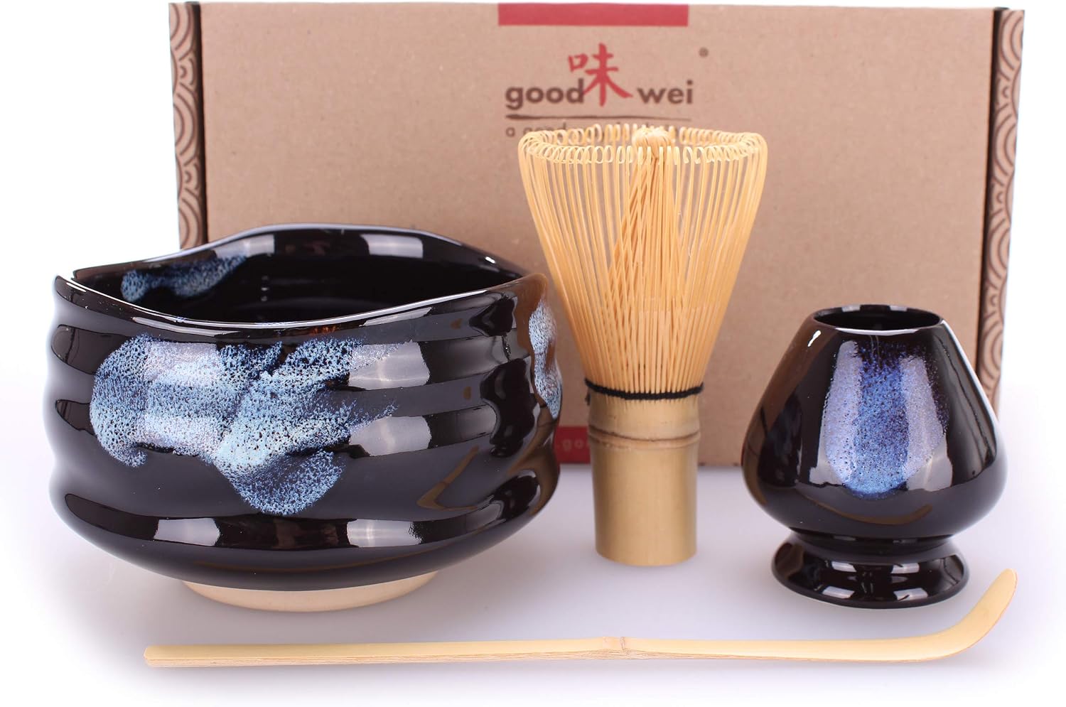 Goodwei Premium Matcha Tea Set - Ceremonial Bowl Chawan, Whisk and Holder + Gift Box (Burashi, 80)