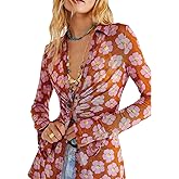 MAOECO Women's Button Down Floral Shirts 2026 Summer Long Sleeve V Neck Sheer Mesh Tops Boho Blouse Date Outfits
