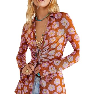 MAOECO Women's Button Down Shirts Sheer Mesh Tops Boho Floral V Neck Blouse | Lightweight Ruched, Long Sleeve, Slim Fit, Coll