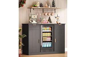 Lamtor 53" Fluted Coffee Bar Cabinet with Fridge Space - Wine Bar Cabinet with Drawer & Door Storage, Mini Fridge Stand with Power Outlet for Kitchen Dining Room Living Room, Black