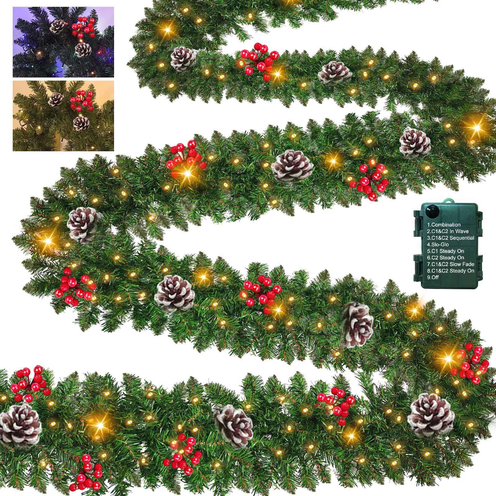 Photo 1 of 12 Modes & Timer - 9 Ft by 10 Inch Super Thick Prelit Artificial Christmas Garland 50 Colorful Lights Cedar Garland 270 Realistic Classic Tips 10 Pinecone 110 Berries Xmas Decor Mantle Stairs Outdoor