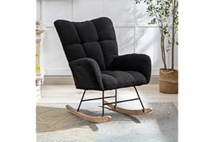 ETCZOYE Rocking Chair Nursery, Teddy Upholstered Glider Rocker Rocking Accent Chair Padded Seat with High Backrest Armchair, Comfy Side Chair for Living Room Bedroom Office, Black