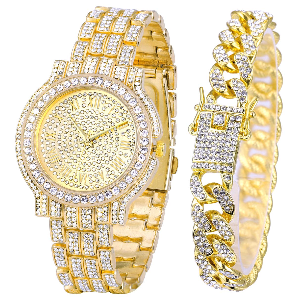 Men's Iced Out Watch - Bling-ed Out Gold Diamond Watch with Quartz Movement Crystal Rhinestone Diamond for Men - Adjustable Rolly for Hip Hop