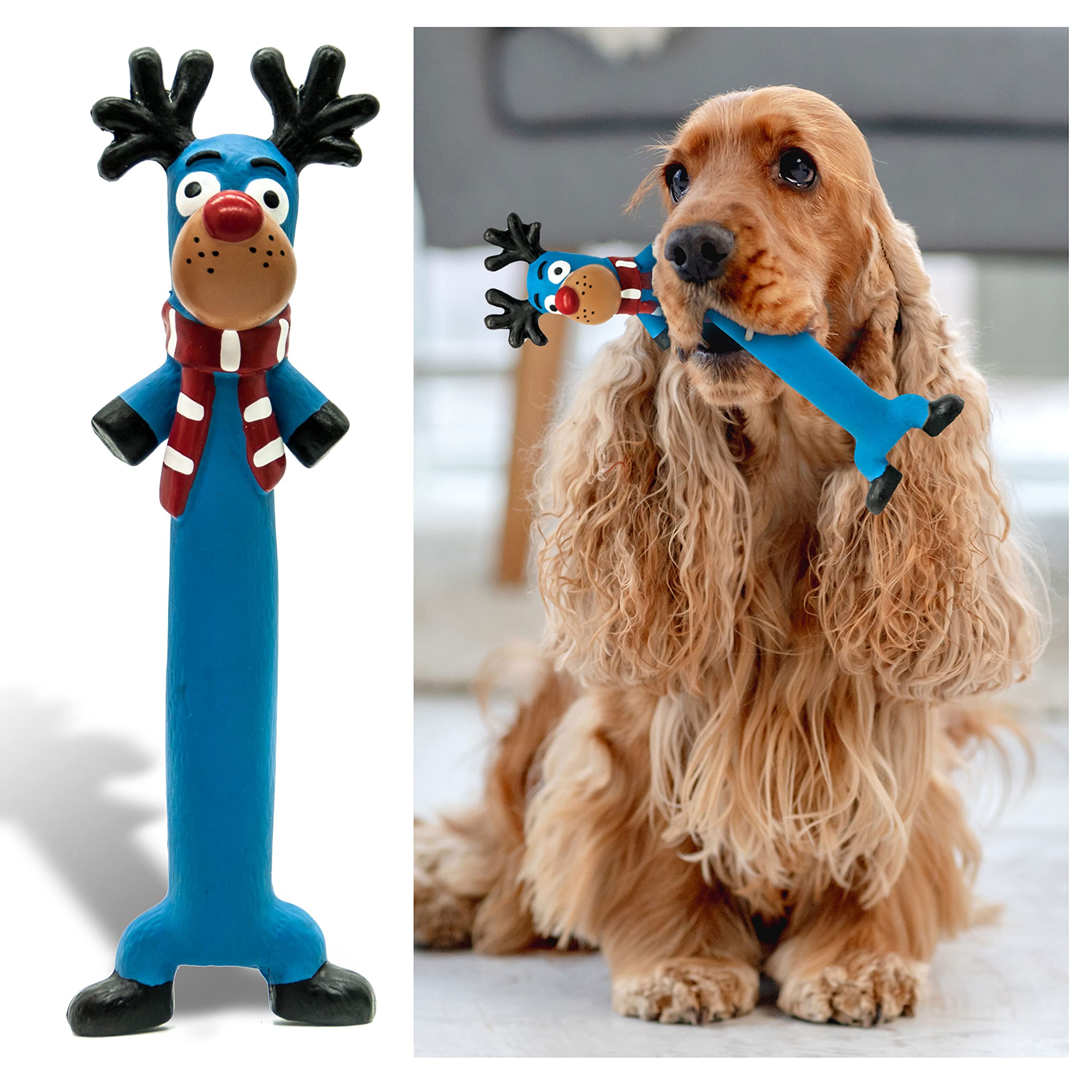 Petopedia 10 inches Long Squeaky Reindeer Rudolph Teething LATEX Puppy Toys - Fetch Interactive Dog Gifts for Boredom – Small & Medium Dogs Presents (Blue, Rudolph)
