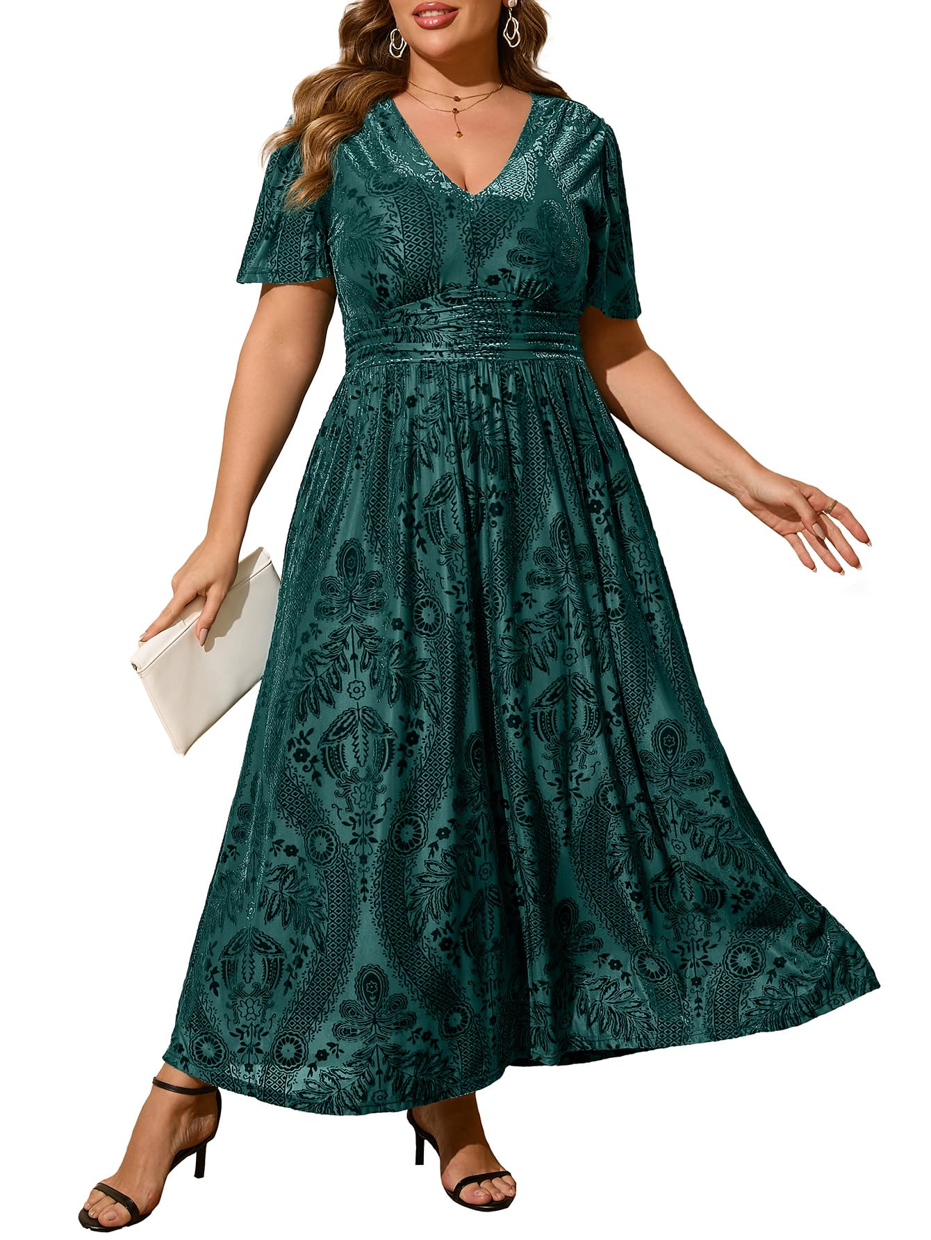 Simplee Womens V Neck Plus Size Velvet Dress Holiday Winter Christmas Party Long Formal Dress for Wedding Guest (2XL Dark Green) Image