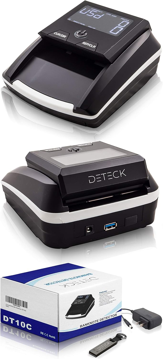 DETECK Swift Automatic Counterfeit Bill Detector Machine, 4-Way Direction USD Euro Value Counting, Counterfeit Money Detector UV/IR/MG for Small Businesses (Battery not Included) : Office Products