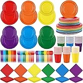 Durony 504-Piece Party Tableware Set - Rainbow Disposable Serves 72 Guests - 7" & 9" Paper Plates, 9oz Cups, Napkins, Plastic Cutlery, Decorations, Neon Supplies